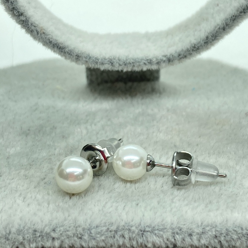 Stainless Steel Faux Pearl Earrings - Picture 1 of 3